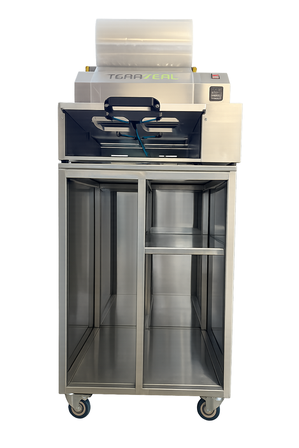 Teraseal SR230 tray sealing machine with stainless steel trolley and film roll